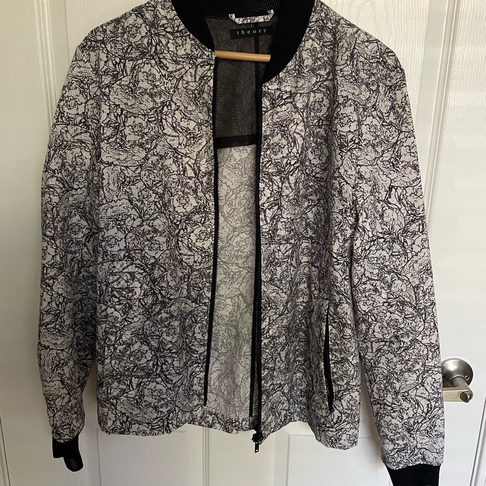 Theory Black and White Bomber Jacket with Intricate Pattern